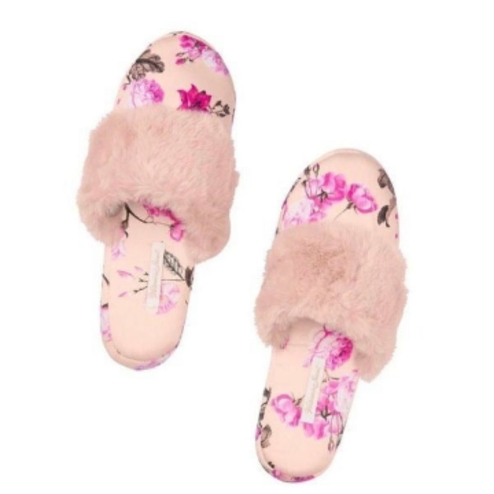 Victoria Secret Vs Satin Floral Pink Faux Fur Trim Slippers